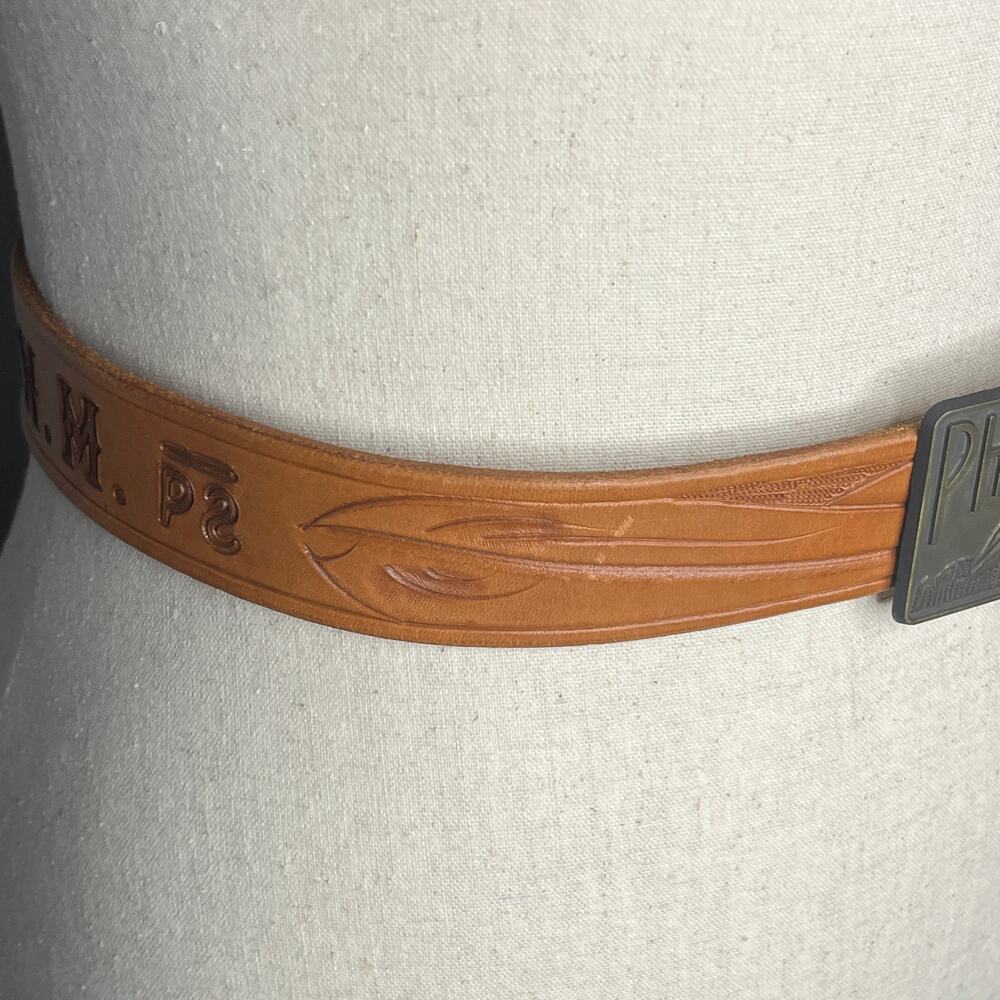 Vintage Philmont Scout Brass Buckle Waist 34 Tooled Leather Belt Ranch Cimarron - Picture 2 of 12